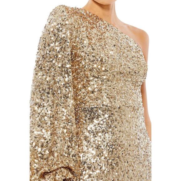 Mac Duggal 26717 Sequined One Shoulder Bishop Sleeve Trumpet Gown Gold SZ 8 NWT - Picture 3 of 12